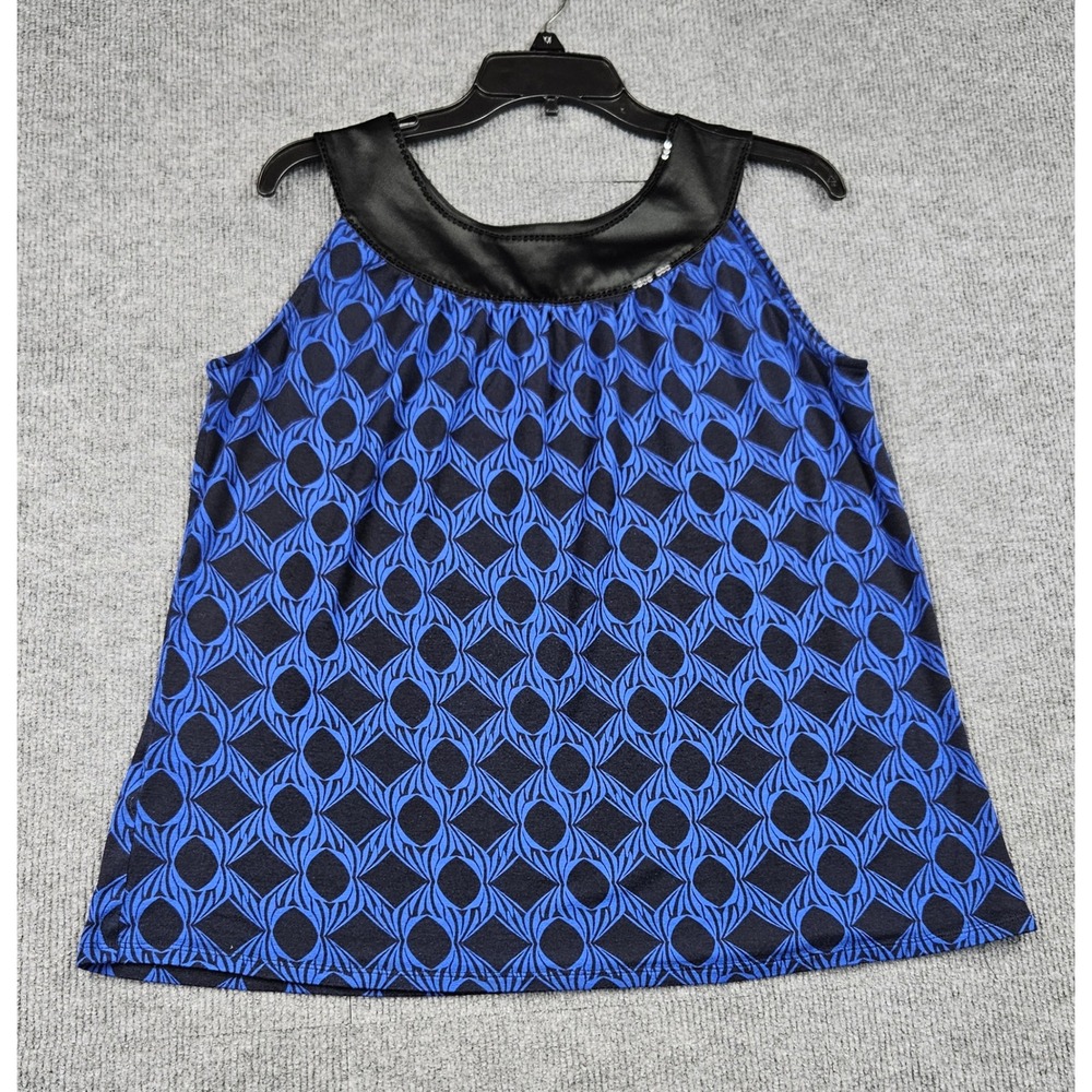 Express Women Blue Black Geometric Diamond Sleeveless Top Faux Leather Trim L